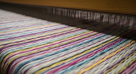 Close up of a loom with colorful threads showing a weaving process in progress on the machine