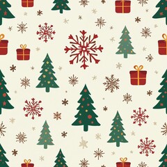 Joyful seamless christmas pattern background with festive tree snowflake and gift for winter holiday decoration
