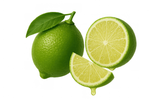 Fresh lime group with whole fruit, sliced half, and juicy wedge, ready for refreshing drinks and recipes on transparent background
