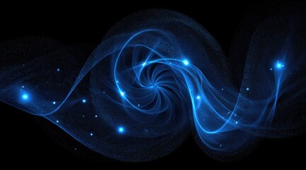 Abstract swirling, luminous blue lines against black background
