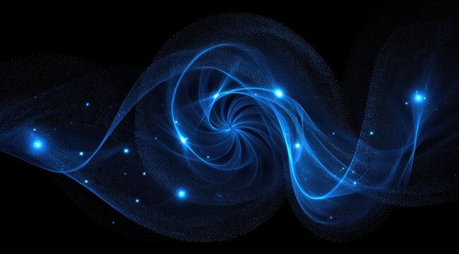 Abstract swirling, luminous blue lines against black background - Powered by Adobe