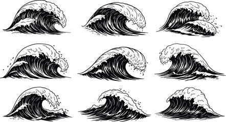 Ocean wave illustrations, stylized sea waves, black and white design, curling water motion, marine art, coastal nature, surfing theme, nautical decorative vector set