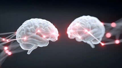 Conceptual illust n of interconnected human brains showing neural pathways and data flow through a luminous digital network representing cognition and interconnectedness