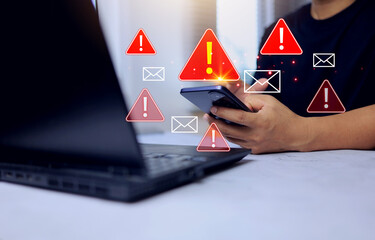 cyber security phishing alert concept with a man download scam e-mail represent to beware of spam...