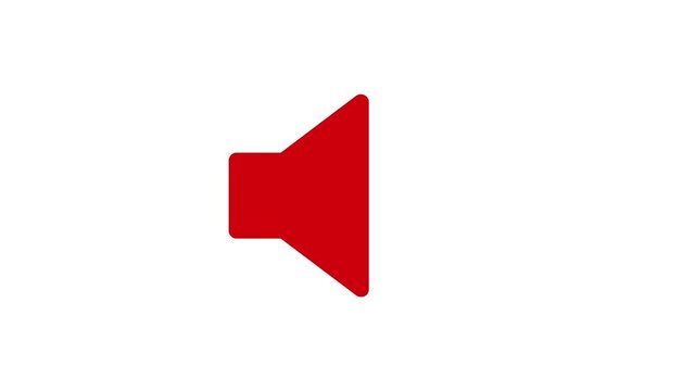 Animated red speaker icon or volume symbol on a white background. Represents audio on, sound output, notification, or broadcast graphic.