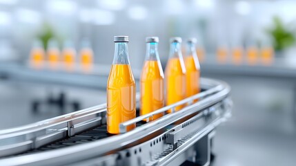 Automated production line with multiple glass bottles containing refreshing orange juice transported on a clean industrial conveyor system for bottling and distribution
