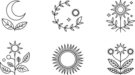 Celestial and floral line art symbols on white background