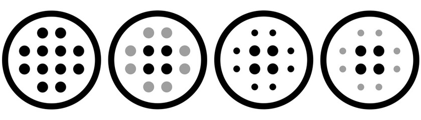 Blur or grain effect icon. Circular symbol set showing texture intensity, film grain, and visual noise adjustment for photo editing, image filters, and app interface design. Circle with dots.