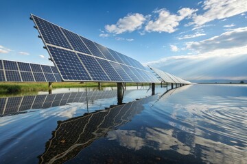 Solar panels reflecting on water surface under blue sky