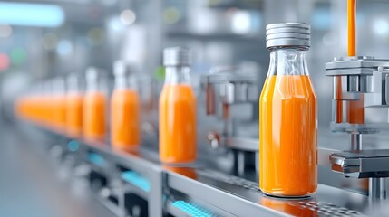 In a modern factory setting clear glass bottles filled with vibrant orange juice are precisely filled and moved along an automated conveyor belt system showcasing the efficient manufacturing process