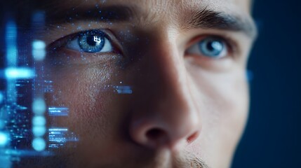 Detailed close up captures the intense gaze of blue eyes illuminated by glowing futuristic digital interfaces and data streams highlighting themes of virtual reality and innovation