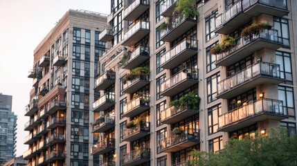 Obraz premium Modern apartment buildings with balconies and glass railings in the city. Good for illustrating urban living, real estate, and architectural designs.