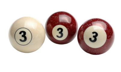 Three billiard balls, two red, one cream, showing the number three on a black background