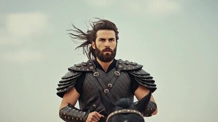 Man riding black horse in desert, wearing medieval armor and looking forward, for historical or fantasy footage.