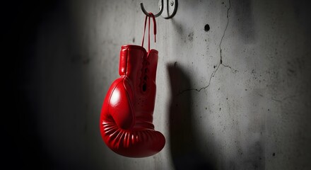 A single red boxing glove hanging on a metal hook against a textured concrete wall background in a dark room
