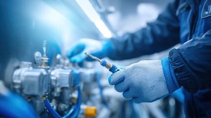Industrial worker adjusting machinery with blue gloves