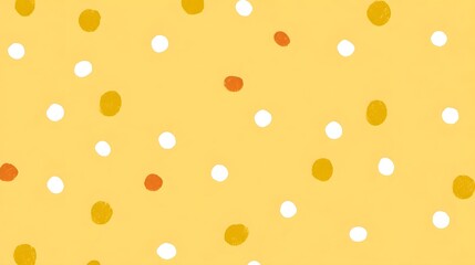 Abstract seamless pattern featuring randomly placed circular dots in white vibrant orange and golden yellow hues on a textured light yellow backdrop evoking a cheerful and decorative mood