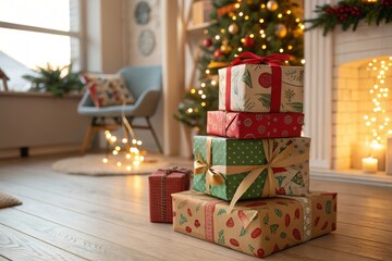 Stack of wrapped Christmas gifts on a wooden floor