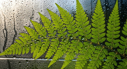 Fresh Green Fern with Water Droplets Against a Blurred Windowpane