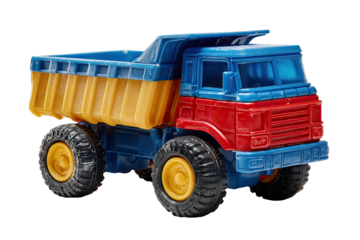 A brightly colored toy dump truck, with large black tires, sits isolated on a transparent background