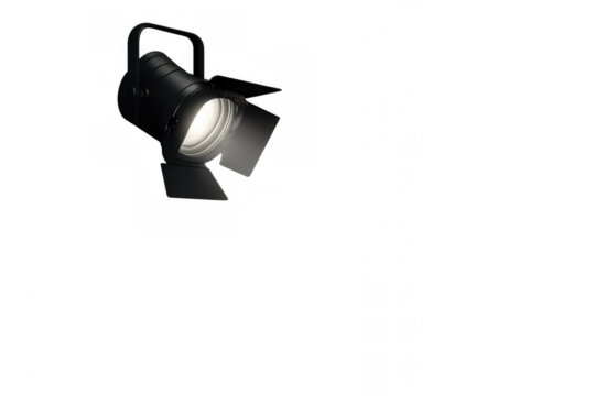 Stage spotlight projecting light, transparent background. Theater equipment illuminating a scene or performance