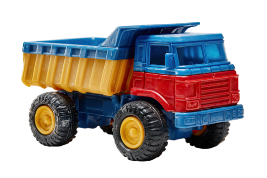 A brightly colored toy dump truck, with large black tires, sits isolated on a transparent background