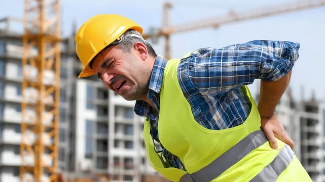 A construction worker in a yellow hard hat and safety vest demonstrates physical strain while holding his lower back at a busy construction site, highlighting workplace safety issu