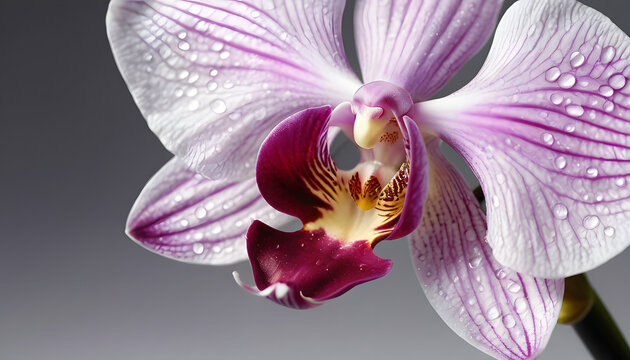 Luxurious macro orchid petal with water droplets on minimalist neutral backdrop
