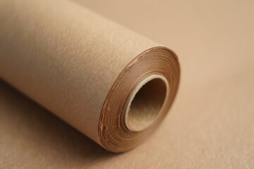 Roll of brown kraft paper on a neutral background, ideal for packaging and crafts