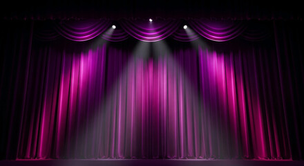 An empty theater stage with closed, elegant purple curtains illuminated by three bright spotlights from above.