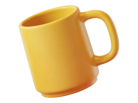 Minimalist yellow ceramic mug angled on transparent background