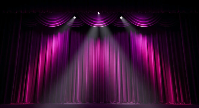 An empty theater stage with closed, elegant purple curtains illuminated by three bright spotlights from above.