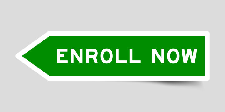 Green color arrow shape sticker label with word enroll now on gray background