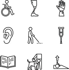 Obraz premium Icons depicting various disabilities and assistive devices.