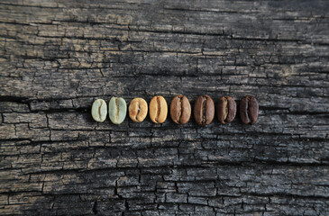Color roast level of green coffee bean to dark roasted bean on wooden board. top view.