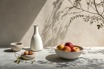 Still life arrangement with fresh fruit and ceramic vase