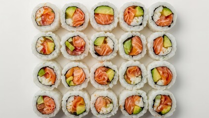 Top-down shot of assorted sushi rolls neatly aligned, colorful fresh ingredients visible, isolated on white background, bright and crisp lighting.