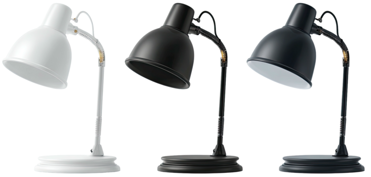 Three desk lamps, white, black and gray, on a black background, showcasing modern adjustable lighting
