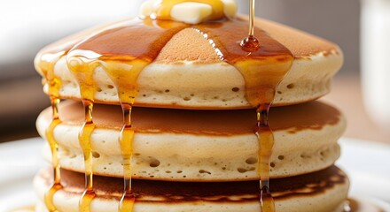 A stack of pancakes being drizzled with syrup and topped with butter on a white plate close up