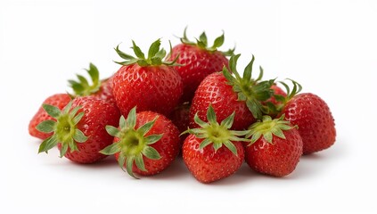 Ripe strawberries in a small pile with visible seeds and fresh green leaves, isolated on white background, macro sharpness, natural color balance.