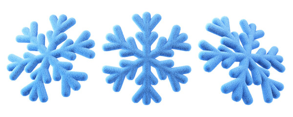 Winter Furry snowflakes set. Isolated 3d design element, climate icon for forecast or meteorology. Winter holidays design for Xmas and New Year card, poster, banner etc.