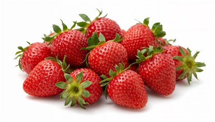 Ripe strawberries in a small pile with visible seeds and fresh green leaves, isolated on white background, macro sharpness, natural color balance.