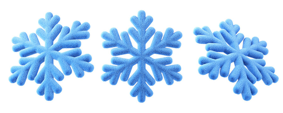 Winter Furry snowflakes set. Isolated 3d design element, climate icon for forecast or meteorology. Winter holidays design for Xmas and New Year card, poster, banner etc.