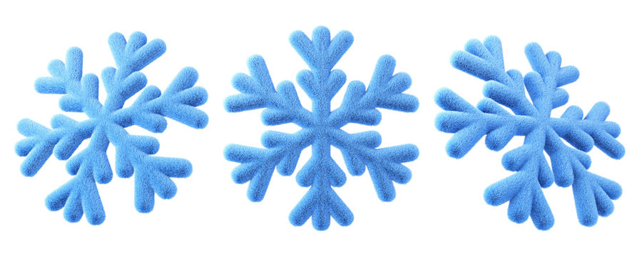 Winter Furry snowflakes set. Isolated 3d design element, climate icon for forecast or meteorology. Winter holidays design for Xmas and New Year card, poster, banner etc.