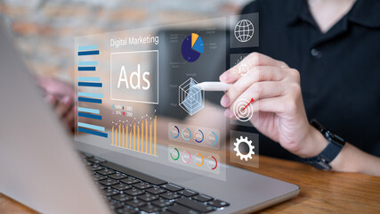 Businessman online advertising digital marketing strategy data analysis dashboard information report corporate e-business business technology concept