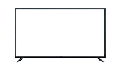 Naklejka premium A modern sleek black television set with an empty, bright white screen. Black background. Legs present