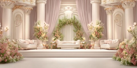 Elegant wedding ceremony venue, featuring a light beige and blush pink color palette, adorned with floral arrangements and draped fabrics