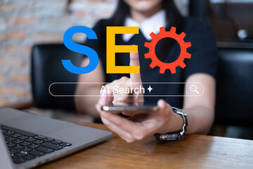 Businessman using seo search engine optimization web data information digital cyberspace technology content keyword to boost client traffic and online sales development increase success management
