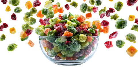 A clear glass bowl filled with an assortment of colorful chopped vegetables, spilling out