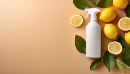 cleaning product with lemons on pastel background copy space